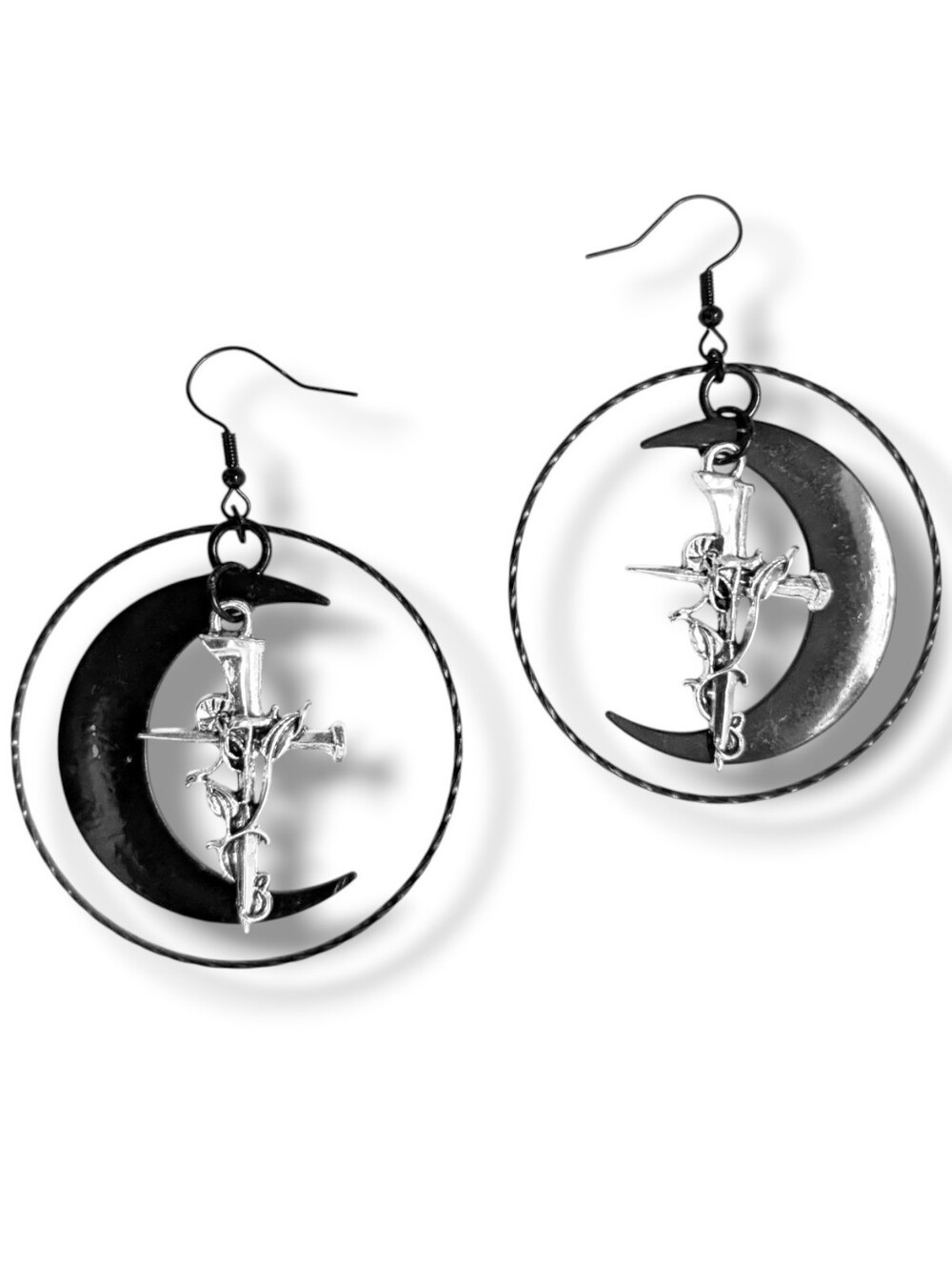 NWT Handmade Black Crescent Moon Silver Vine Cross and Hoop Layered Earrings